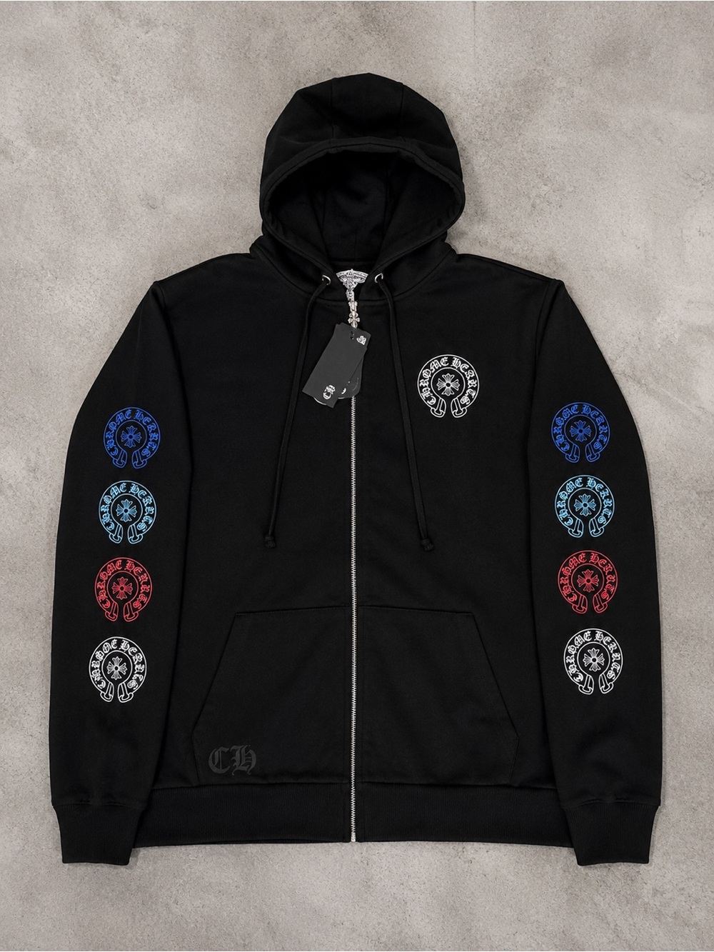 Black Zip-Up Hooded Jacket with Horseshoe logo Multicolor Sleeve Emblems Chrome